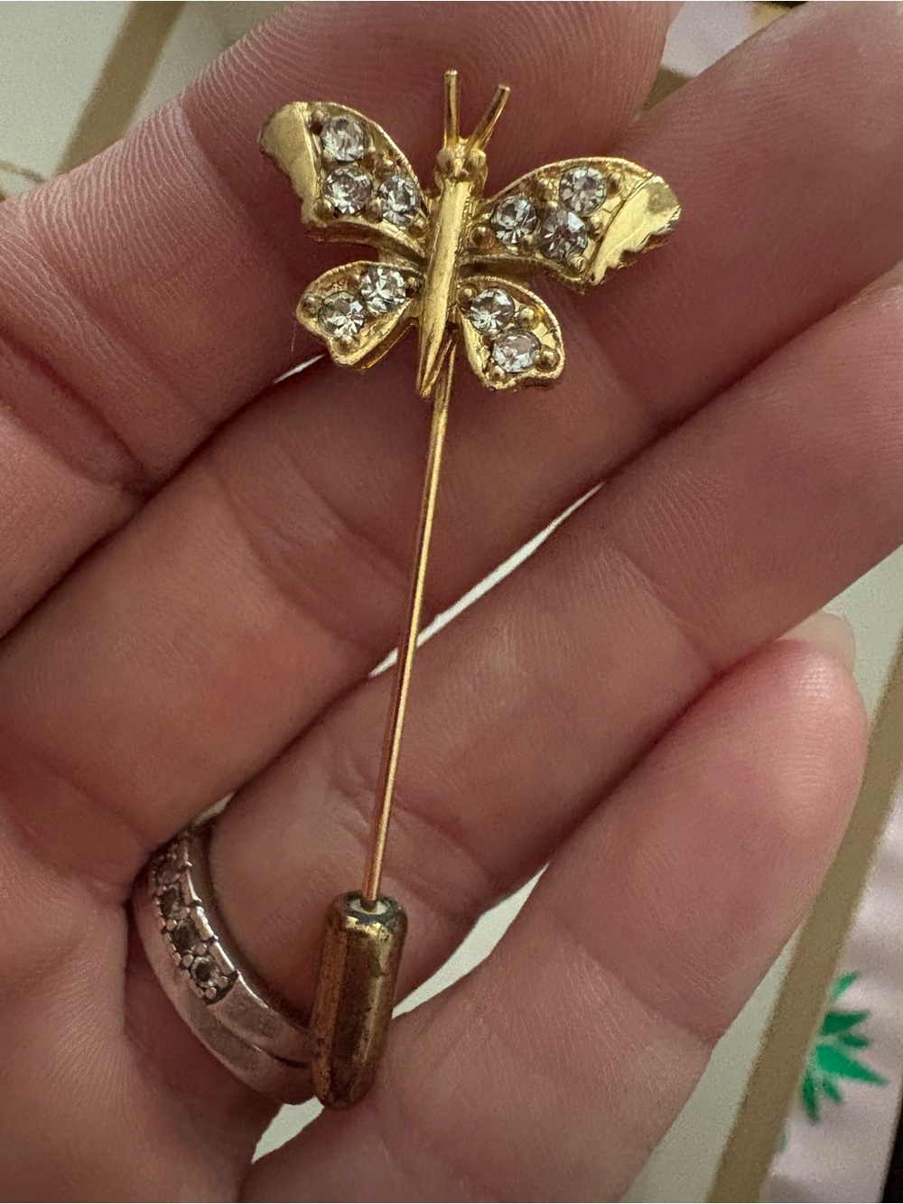 Vintage Gold Butterfly Stick Pin Brooch with Clear Crystals - Women Jewelry